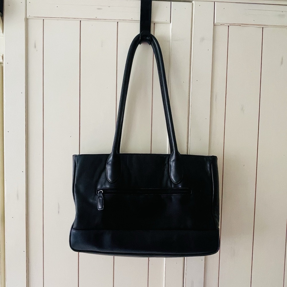 VTG M. LONDON Black Genuine Leather Tote Shoulder Bag Multi Compartment Handbag